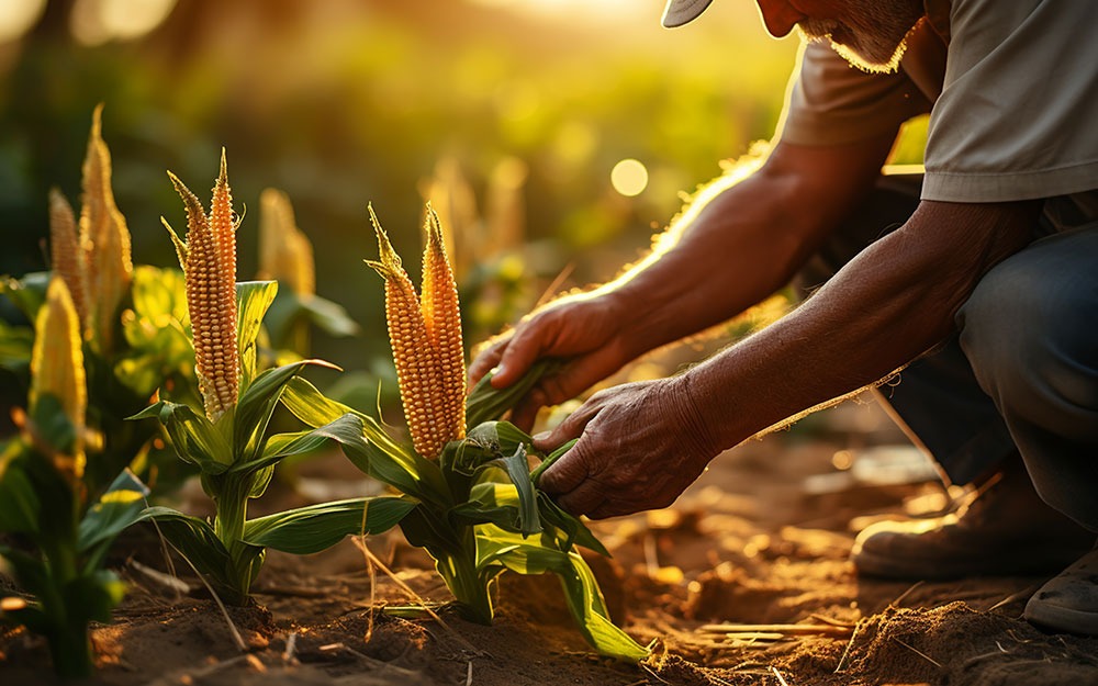 A man inspects a corn field and looks for problems.